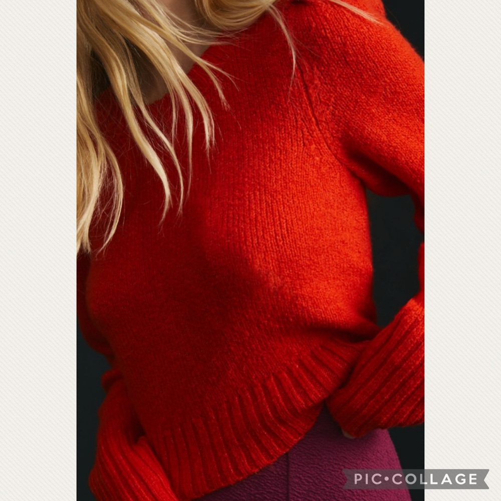 Anthropologie Maeve Crewneck Puff-Sleeve Sweater in Red - Picture 2 of 10